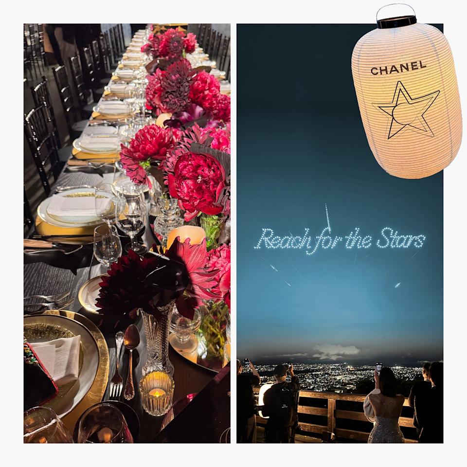 Elegant dining setup paired with a celebratory sky display.