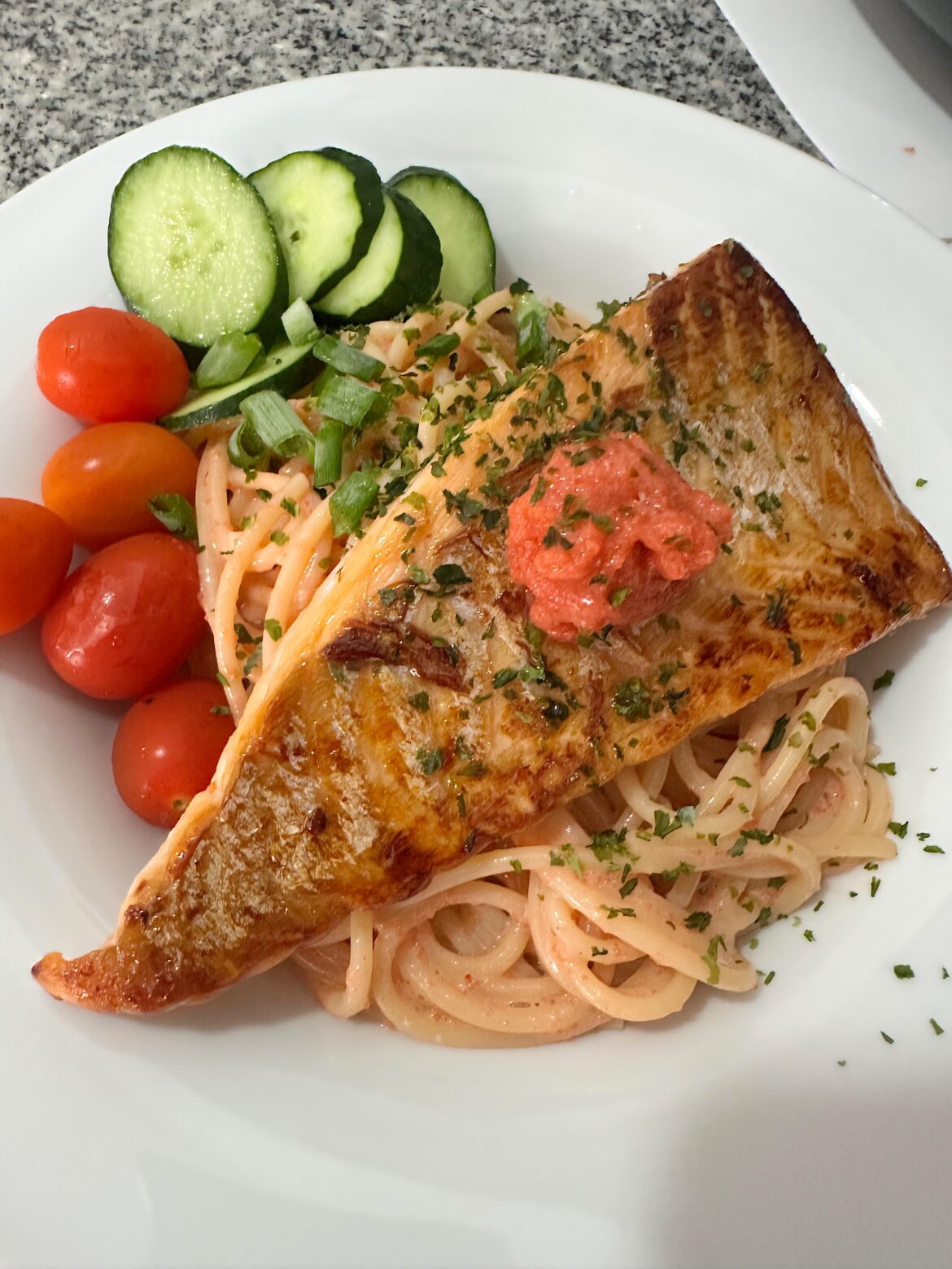 Mentaiko pasta with grilled salmon (and more mentaiko)