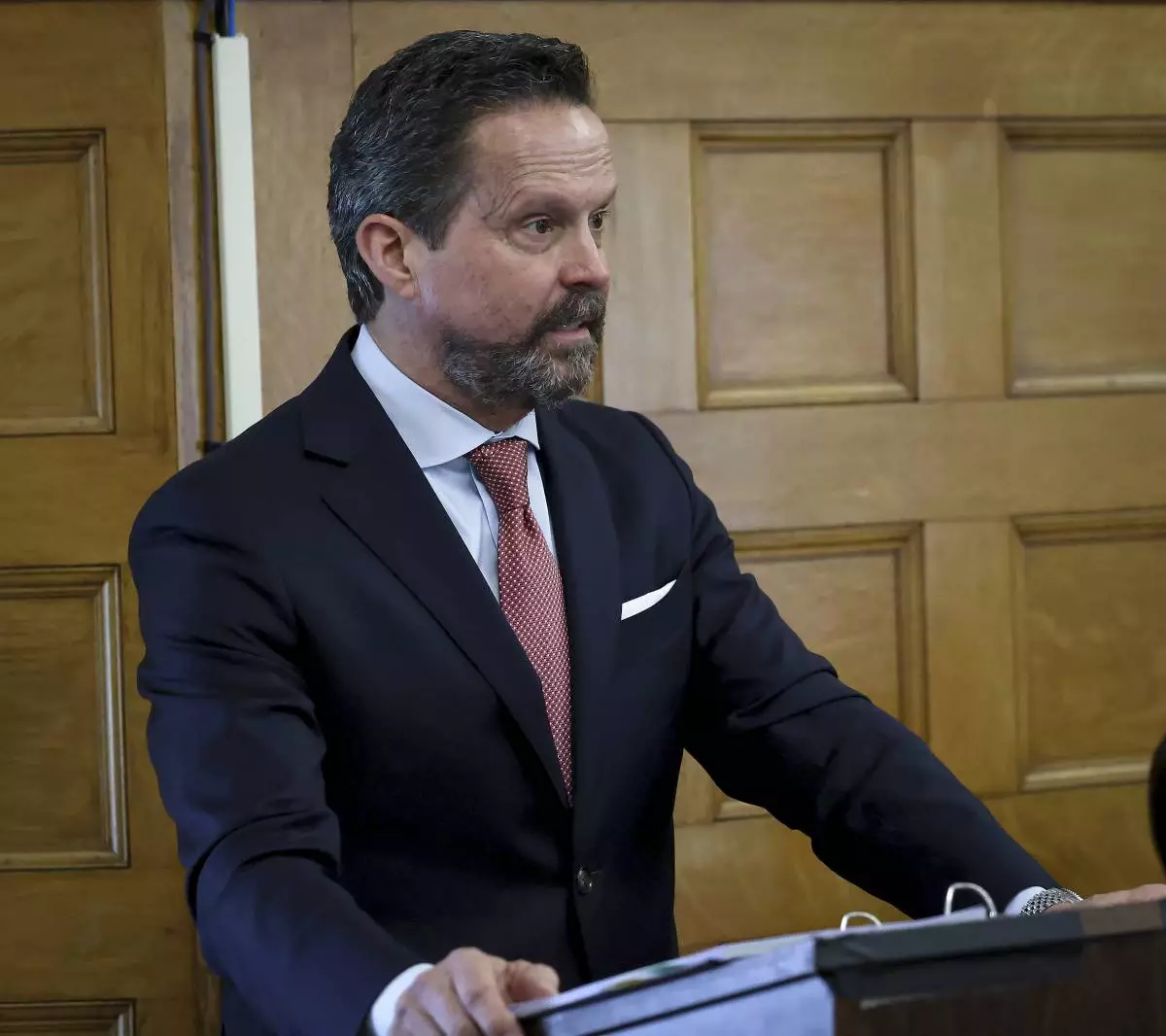 Defense attorney Alan Jackson asks Judge Beverly Cannone to dismiss charges against defendant Karen Read during Read's murder trial in Norfolk Superior Court in Dedham, Mass., Friday, May 30, 2025. (Mark Stockwell/The Sun Chronicle via AP, Pool)