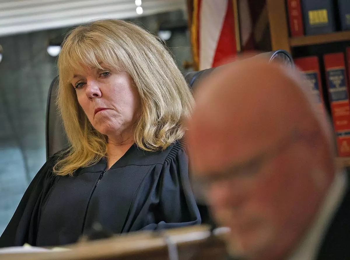 Judge Beverly Cannone listens to testimony by witness Brian Loughran a Canton DPW snow plow driver during Karen Read's murder retrial at Norfolk Superior Court in Dedham, Mass., Tuesday June 3, 2025. (Greg Derr/The Patriot Ledger via AP, Pool)