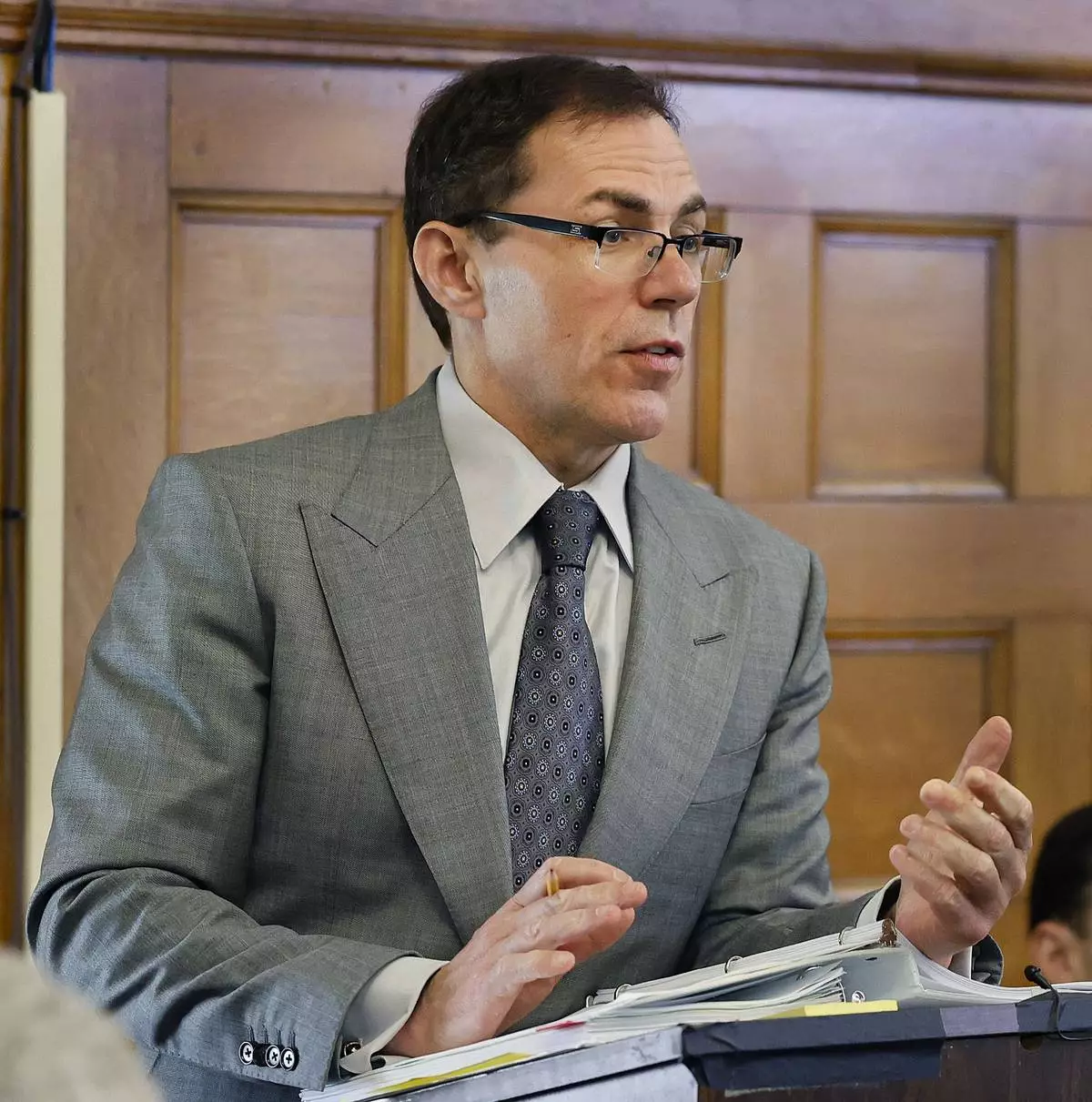 Prosecutor Hank Brennan questions Dr. Judson Welcher on the witness stand during the Karen Read retrial at Norfolk Superior Court, Wednesday May 28, 2025, in Dedham, Mass. (Greg Derr/The Patriot Ledger via AP, Pool)