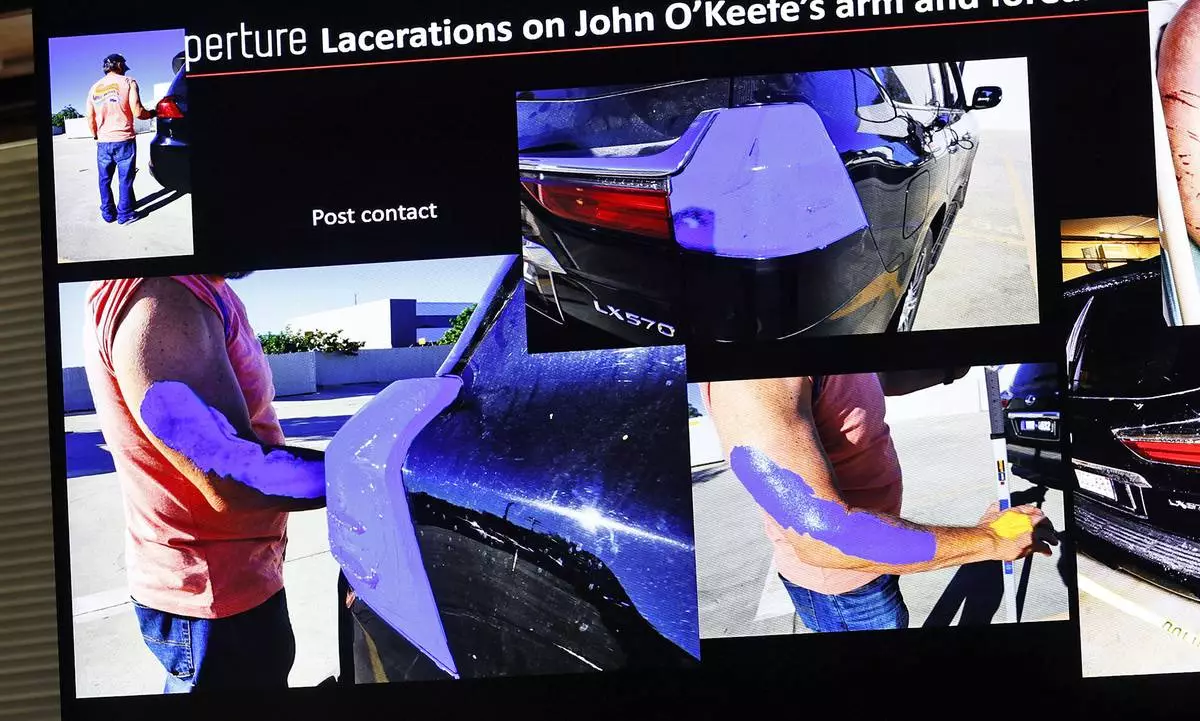 Images of an accident reconstruction test by Dr. Judson Welcher which shows impact via paint transfer from an SUV similar to Karen Read's to a human subject during the Karen Read retrial at Norfolk Superior Court, Wednesday May 28, 2025, in Dedham, Mass. (Greg Derr/The Patriot Ledger via AP, Pool)