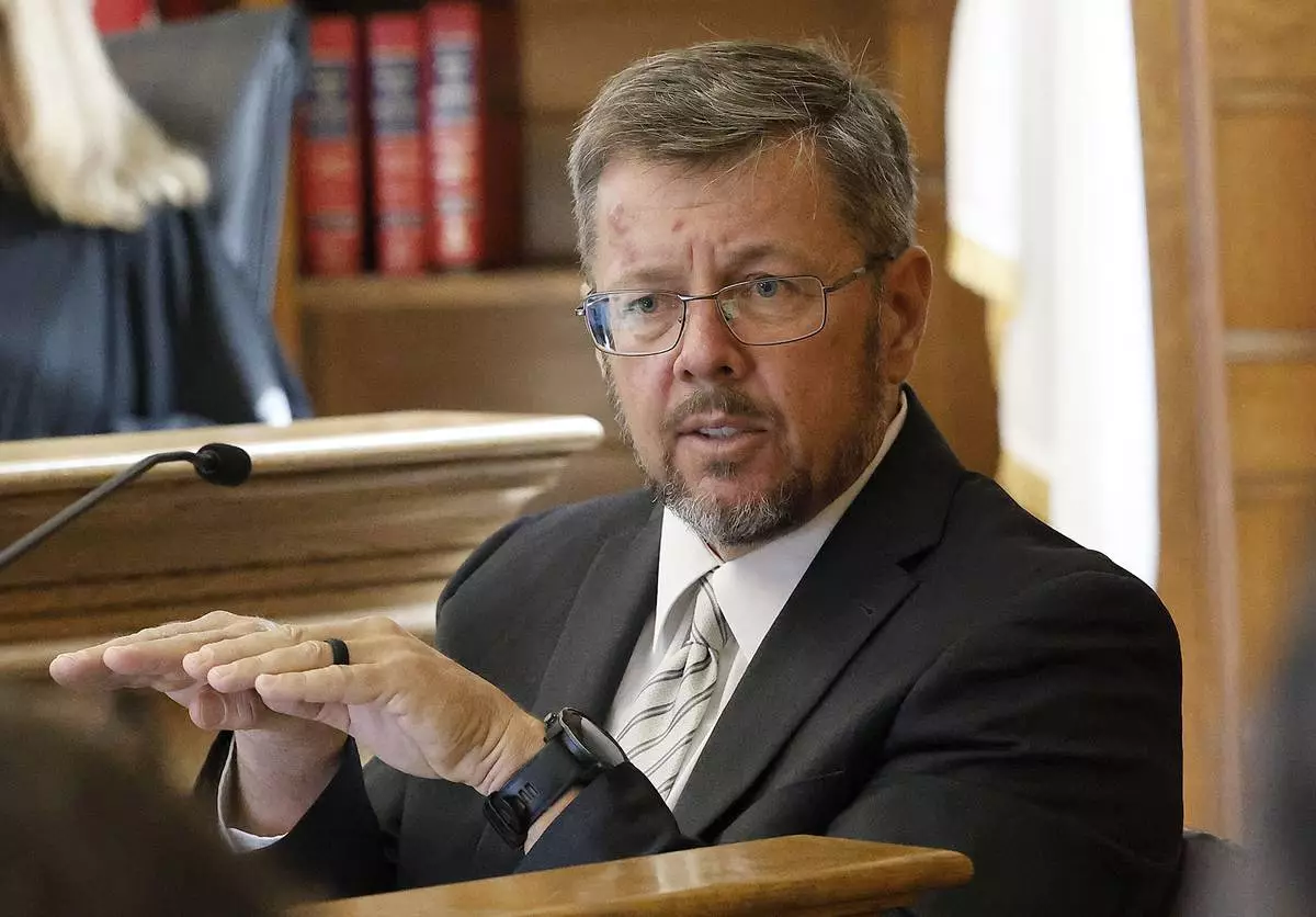 Dr. Judson Welcher, an accident reconstruction expert, speaks on the witness stand during the Karen Read retrial at Norfolk Superior Court, Wednesday May 28, 2025, in Dedham, Mass. (Greg Derr/The Patriot Ledger via AP, Pool)