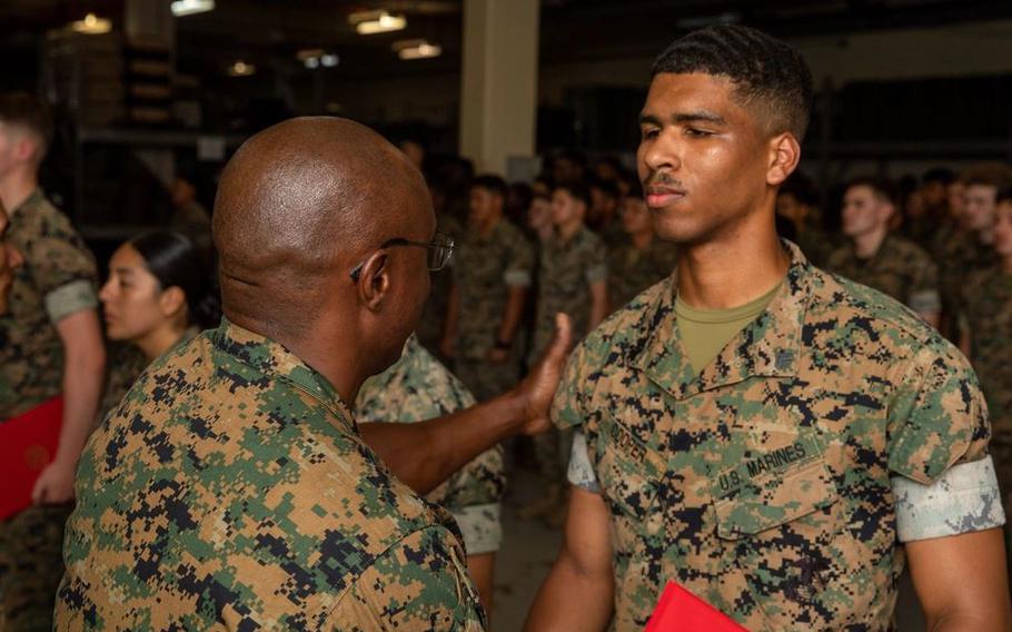 U.S. Marine Corps Cpl. Zacaiah Cooper is awarded the Navy and Marine Corps Achievement Medal.