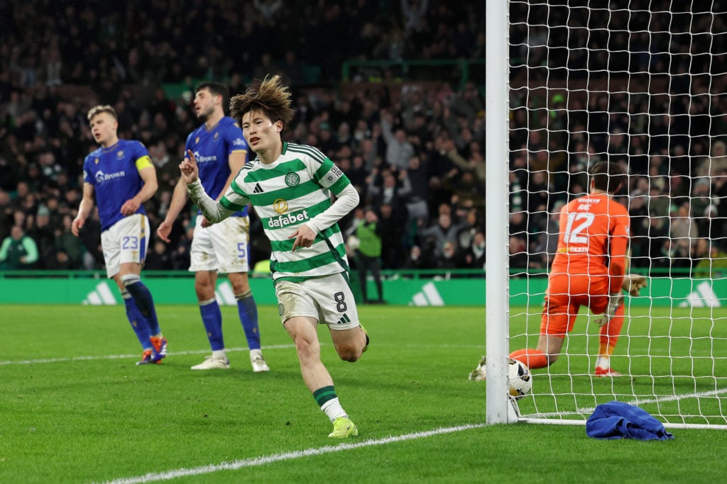 Kyogo Furuhashi celebrates his goal for Celtic against St Johnstone in the Scottish Leageu Cup semi-final