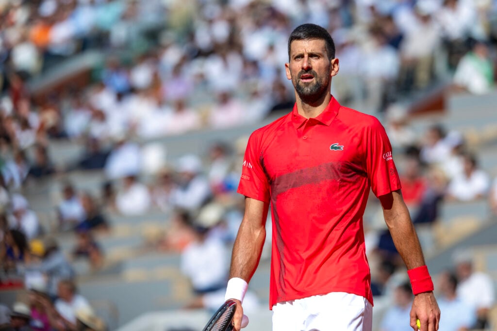 Novak Djokovic of Serbia during his match against Cameron Norrie of Great Britain in the fourth round of the singles competition on Court Philippe-Chatrier during the 2025 French Open Tennis Tournament at Roland Garros.