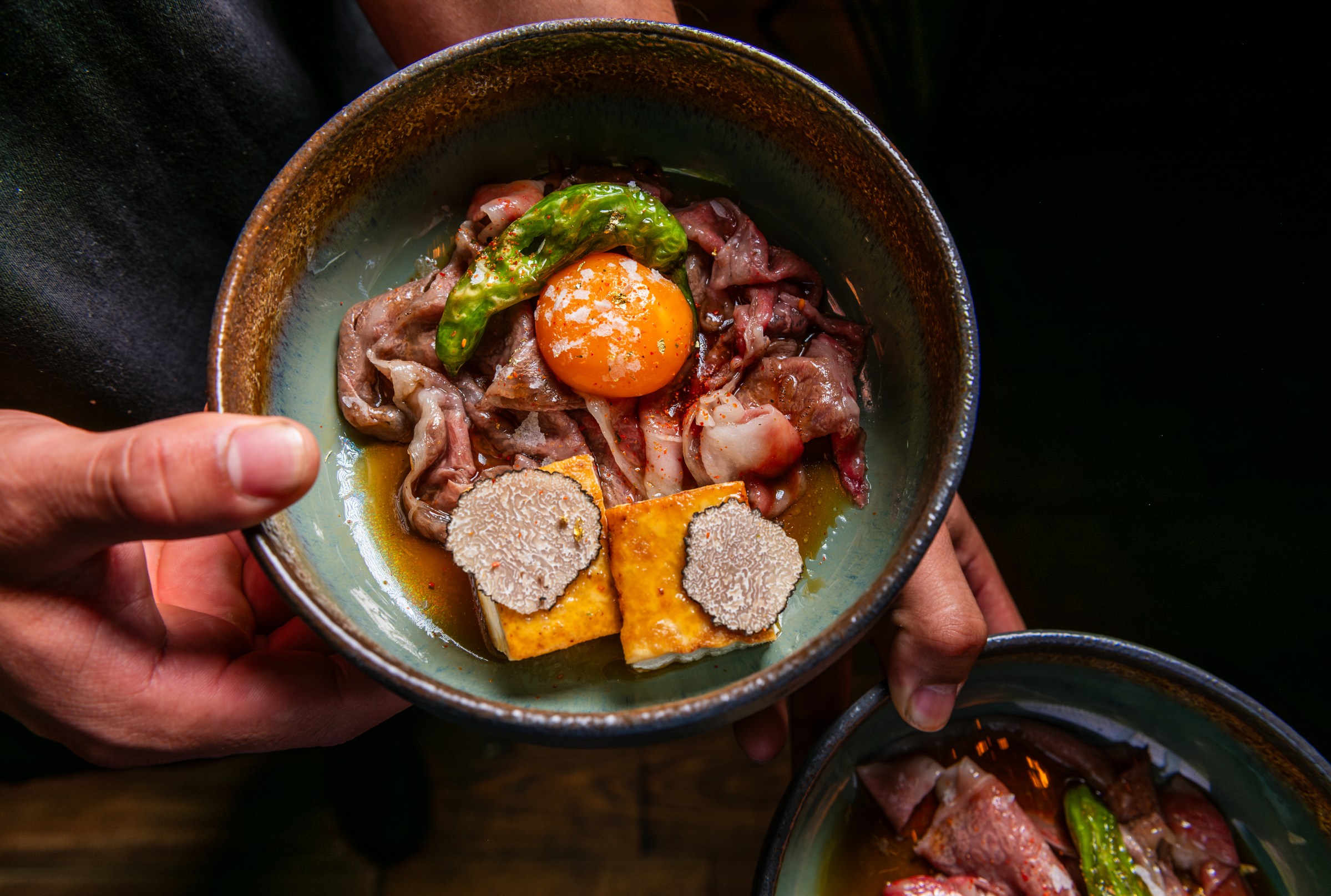 A thinly clued wagyu ribeye dish with tofu from Perry’s “Resy Dream Team Dinner”.