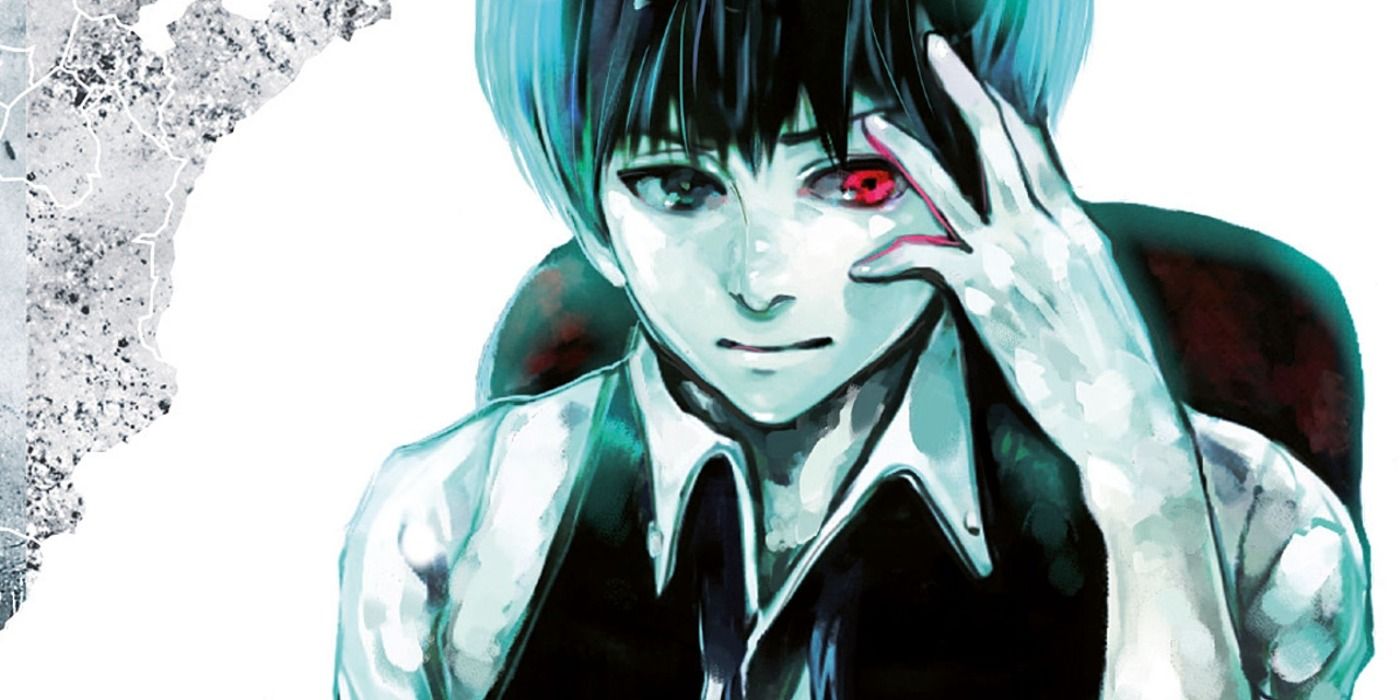 Ken Kaneki showing his red ghoul eye in Tokyo Ghoul cover art.