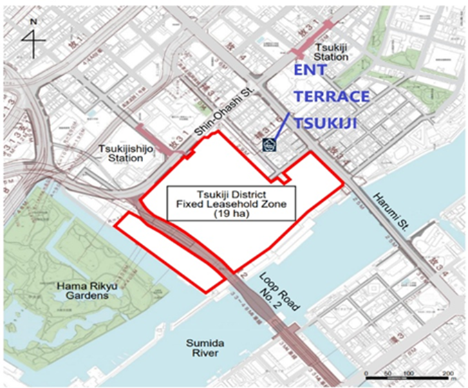 Red Outline: Area subject to the Tsukiji District Community Development Project*ENT TERRACE Symbol: Hotel Location