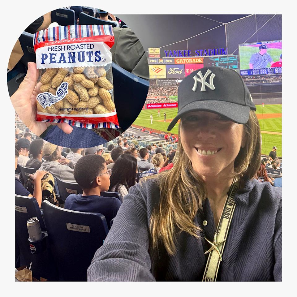 Snacks consumed at a baseball game with Yankee Stadium in the background.