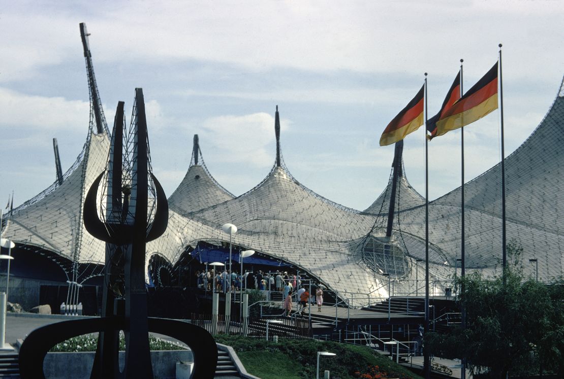 An exterior view of the contoured roof of the German Pavilion at the 1967 World's Fair in Montreal, Canada, 1967.