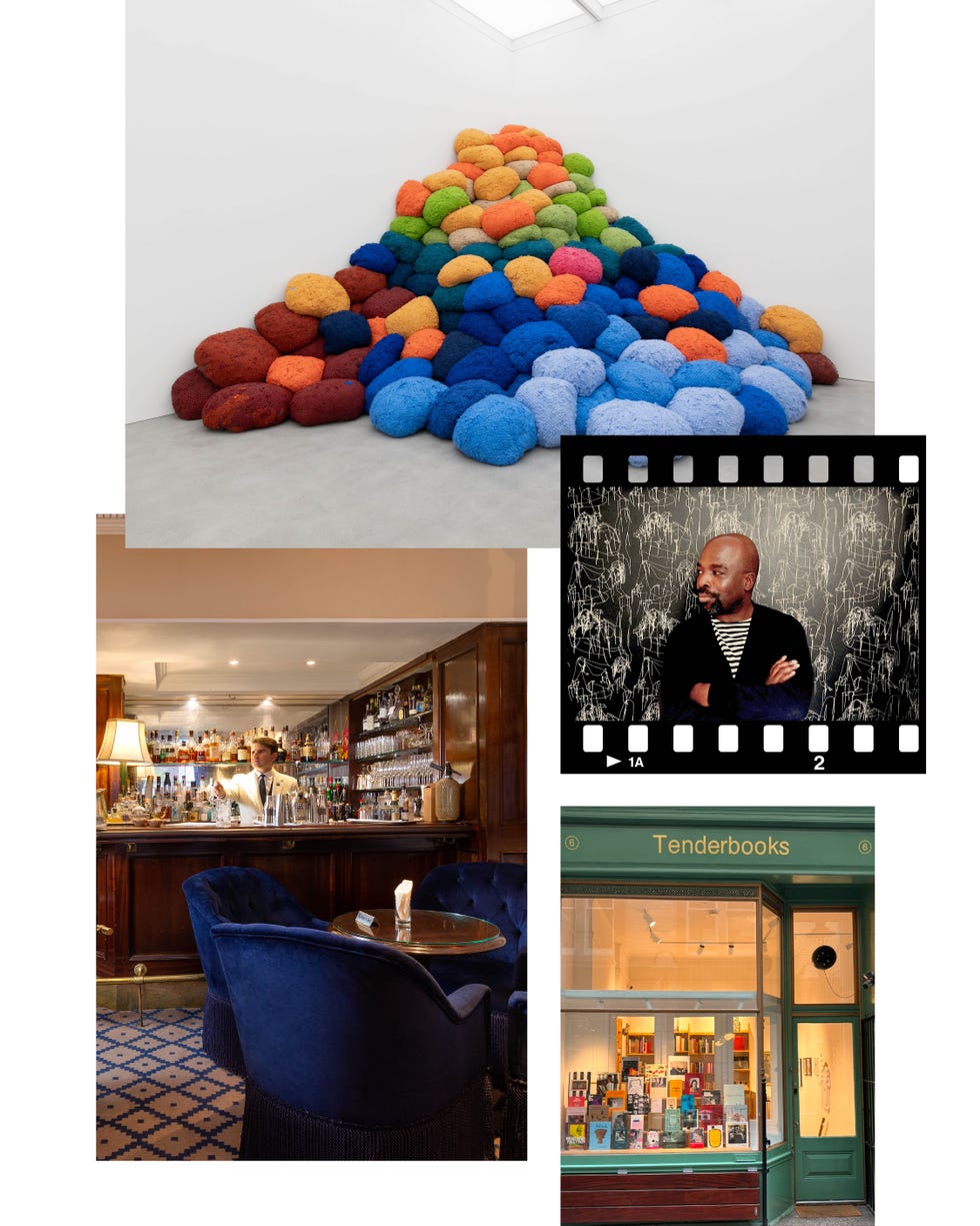a collage showcasing a colorful art installation a bar interior and a bookstore exterior