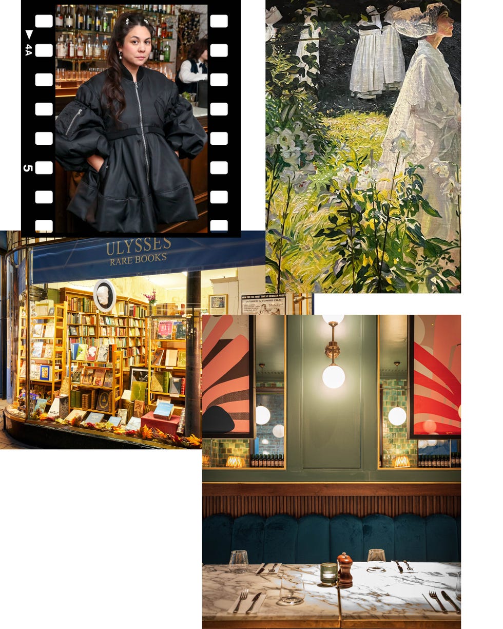 collage of a bar scene a bookshop a painting of a woman in white and an elegant dining setup