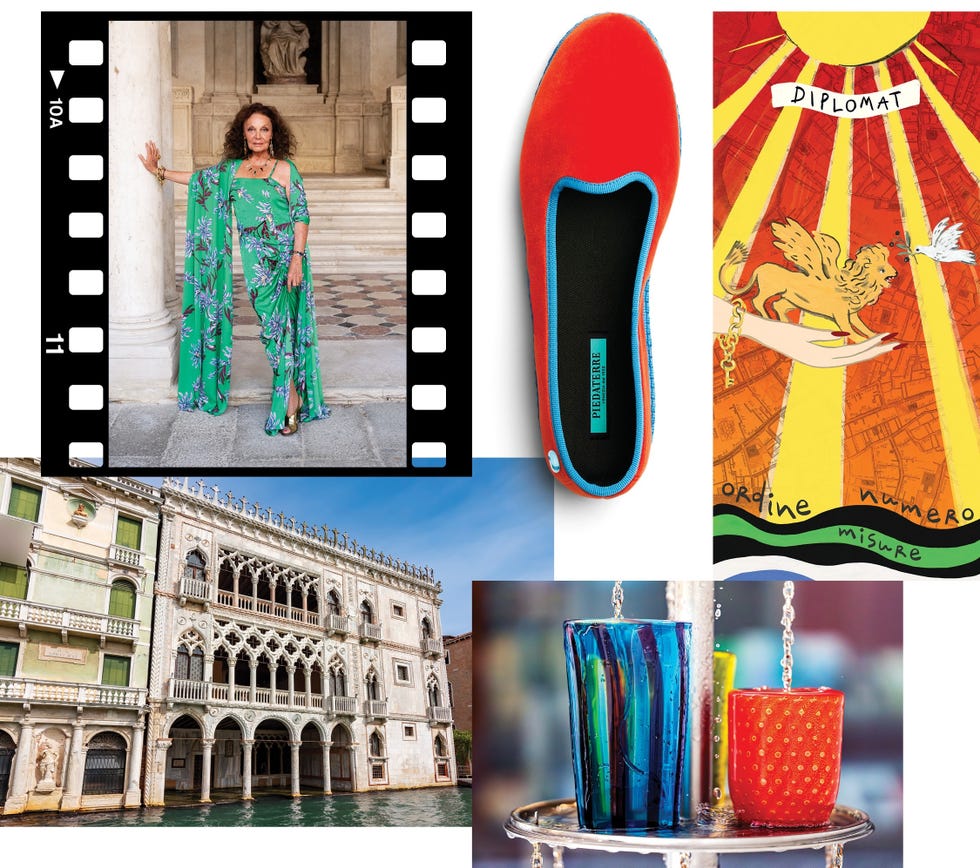 a collage showcasing a womans outfit a footwear item an illustration a historical building and colorful glasses