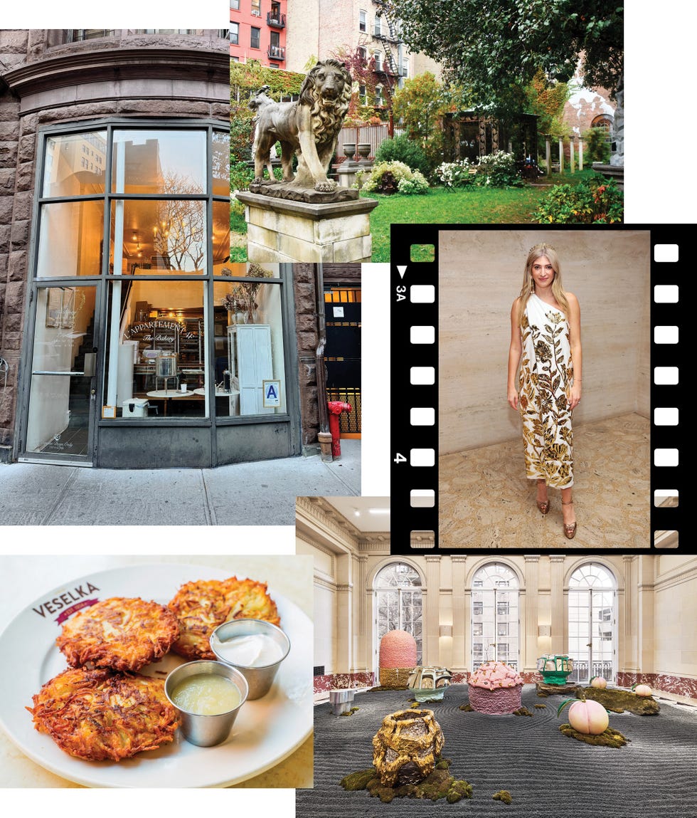 collage showcasing a variety of new york city elements including a restaurant garden fashion and food