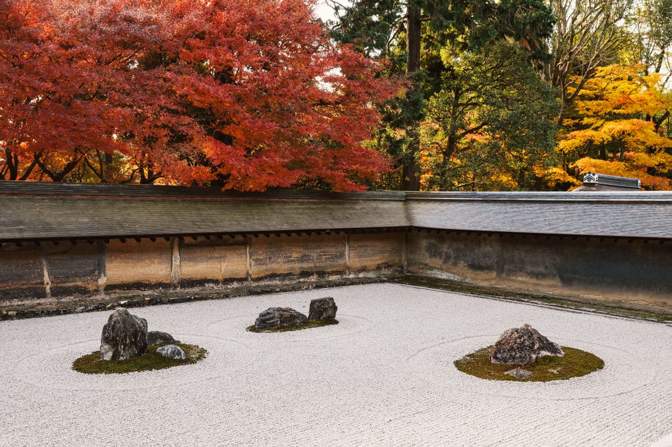 zen garden with rocks and autumn foliage