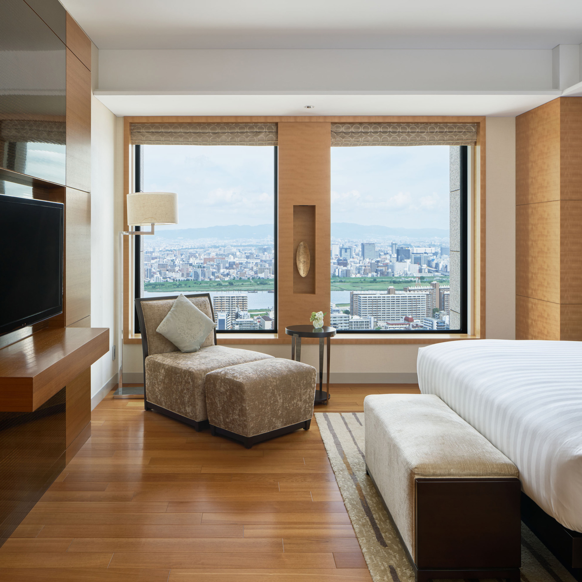 An Osaka city view from a hotel room at InterContinental Osaka.