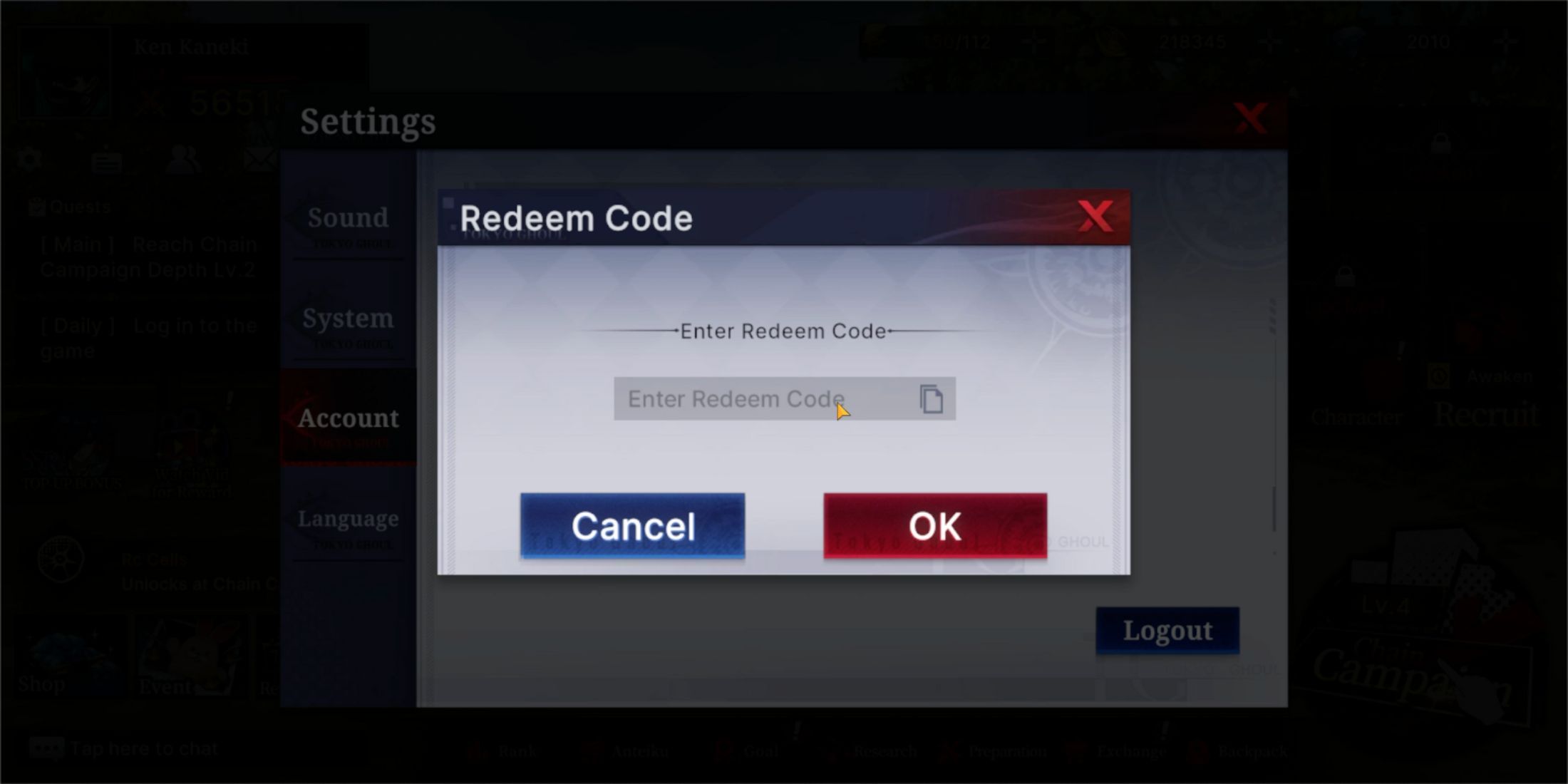 Tokyo Ghoul Awakening the codes tab