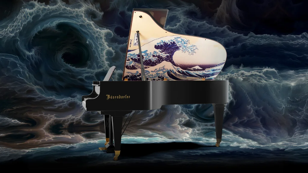 Photo of The Great Wave off Kanagawa grand piano against a dramatic backdrop