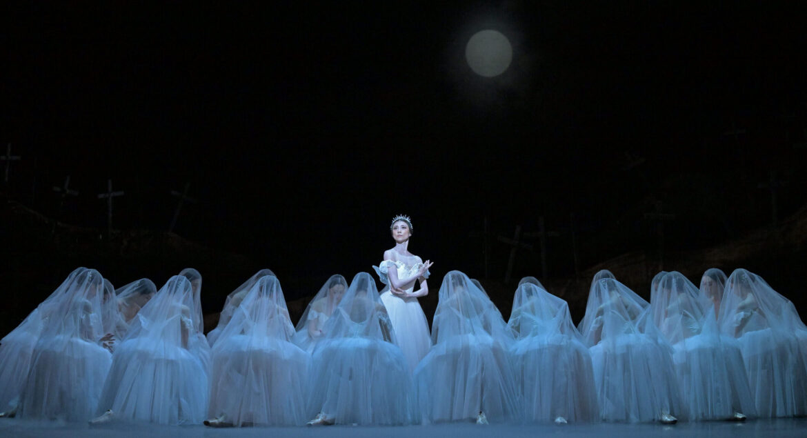 In an eerie scene, a large corps de ballet kneels in lines in gauzy white tutus, with veils draped over their heads. In the middle, in a spotlight, one dancer stands behind them with arms gently folded.