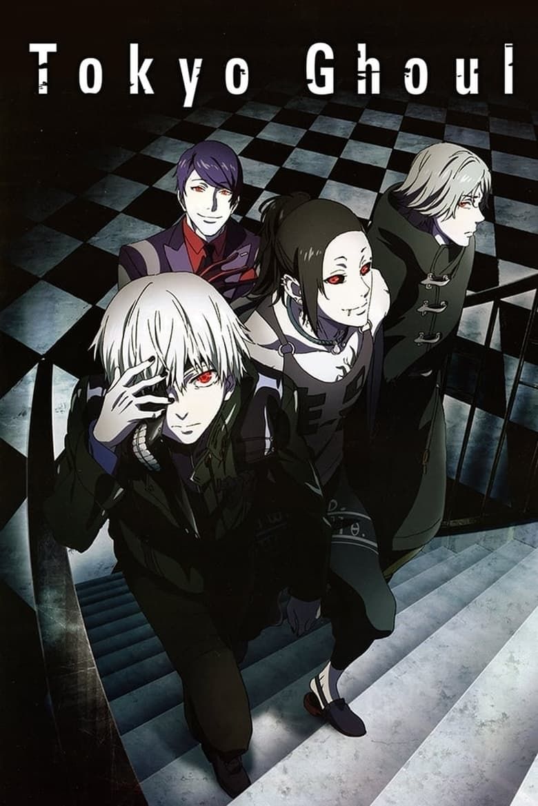 Ken Kaneki and other Tokyo Ghoul characters are walking up stairs on the poster for Tokyo Ghoul.