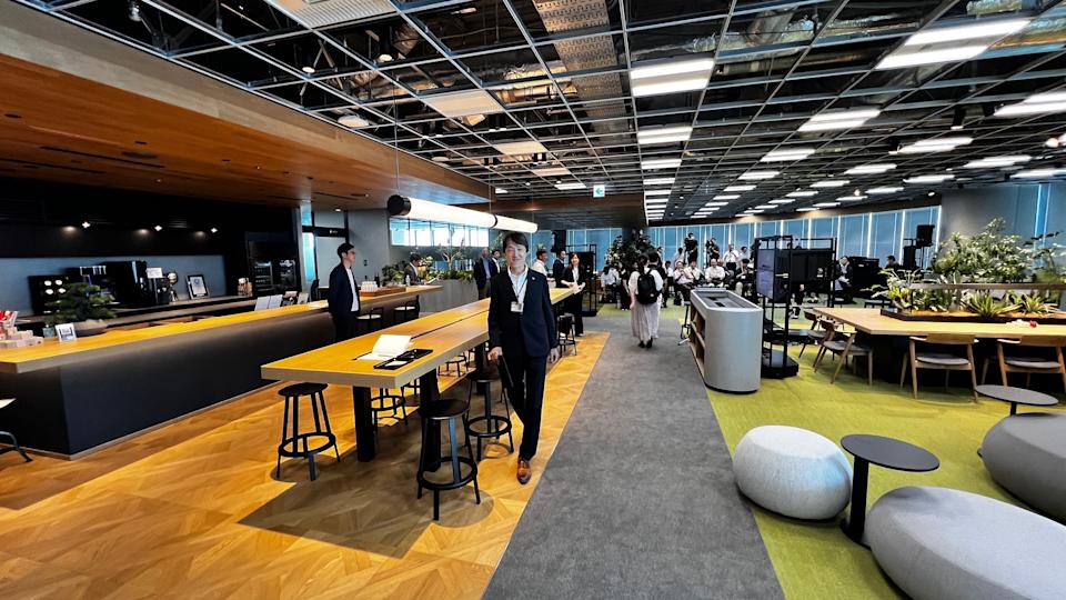 The newly opened Mazda R&D Center Tokyo aspires to a casual California worker-friendly vibe with leafy lounges and open seating.