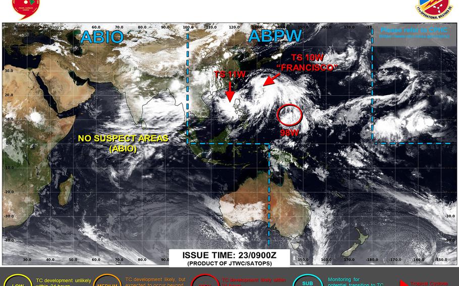 Francisco and 11W continue gradually strengthening, lurking west of Luzon; Francisco continues moving north, forecast to pass 70 miles southwest of Okinawa Thursday evening; 98W keeps lurking near Guam.