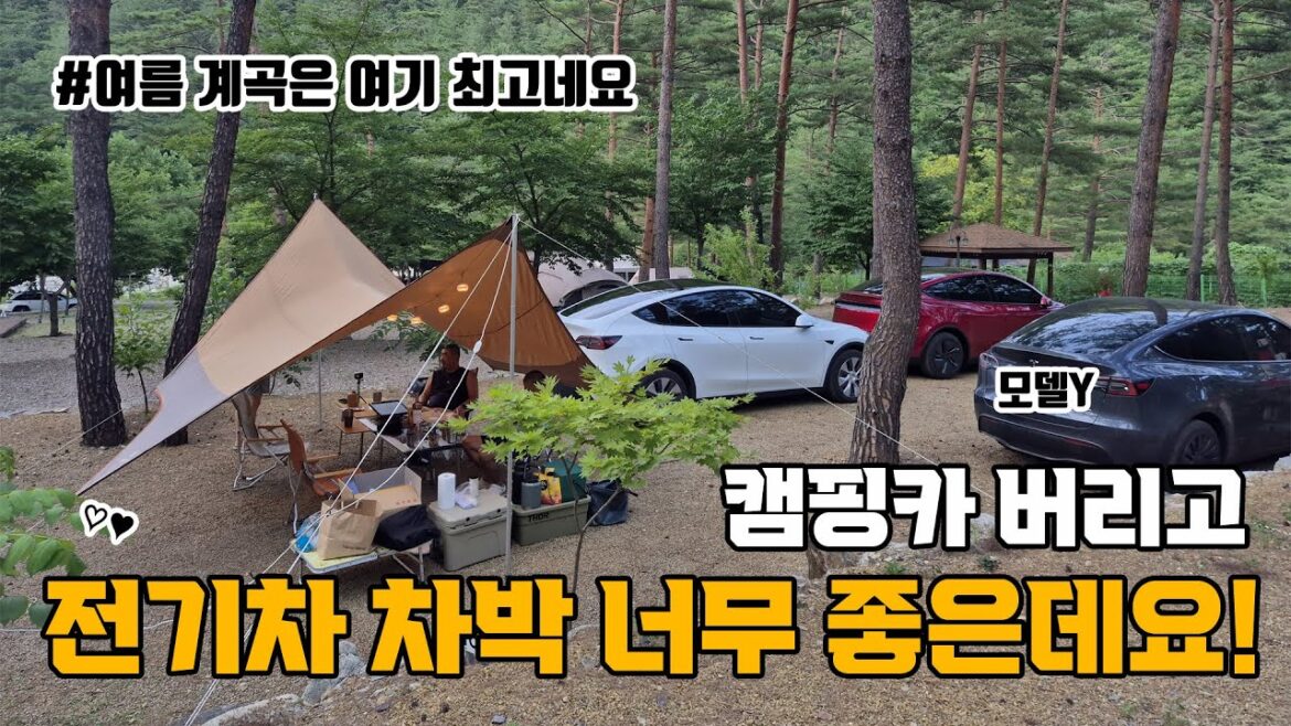 캠핑카 버리고 테슬라 4대로 첫 차박하고 왔습니다. 여름엔 계곡이 너무 좋은 덕풍 계곡입니다. 그리고 슈피겐 보호필름 붙이고 액세서리 소개까지 전기차 캠핑 좋네요