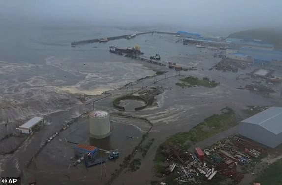 This image taken from a video released by Geophysical Service of the Russian Academy of Sciences, shows the aftermath of tsunami hitting the coastal area of Severo-Kurilsk at Paramushir island of Kuril Islands, Russia, Wednesday, July 30, 2025. (Geophysical Service of the Russian Academy of Sciences via AP)