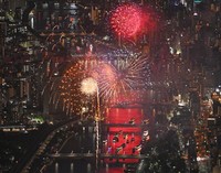 Fireworks are seen during the Sumida River Fireworks Festival in Tokyo on July 26, 2025, in this photo taken from a Mainichi Shimbun helicopter. (Mainichi/Koichiro Tezuka) 