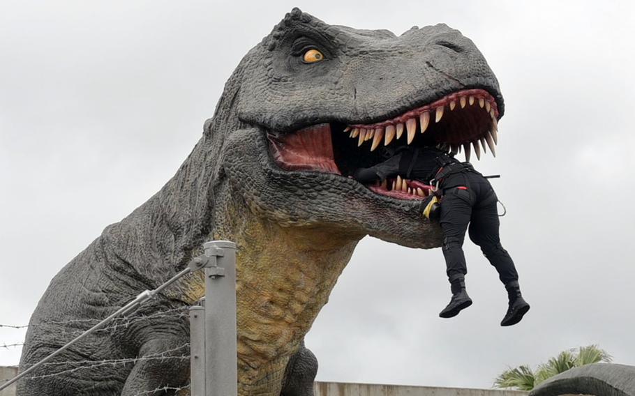 A person in black tactical gear dangling from the open mouth of a large gray Tyrannosaurus Rex statue, which displays prominent sharp teeth and yellow eyes against an overcast sky.