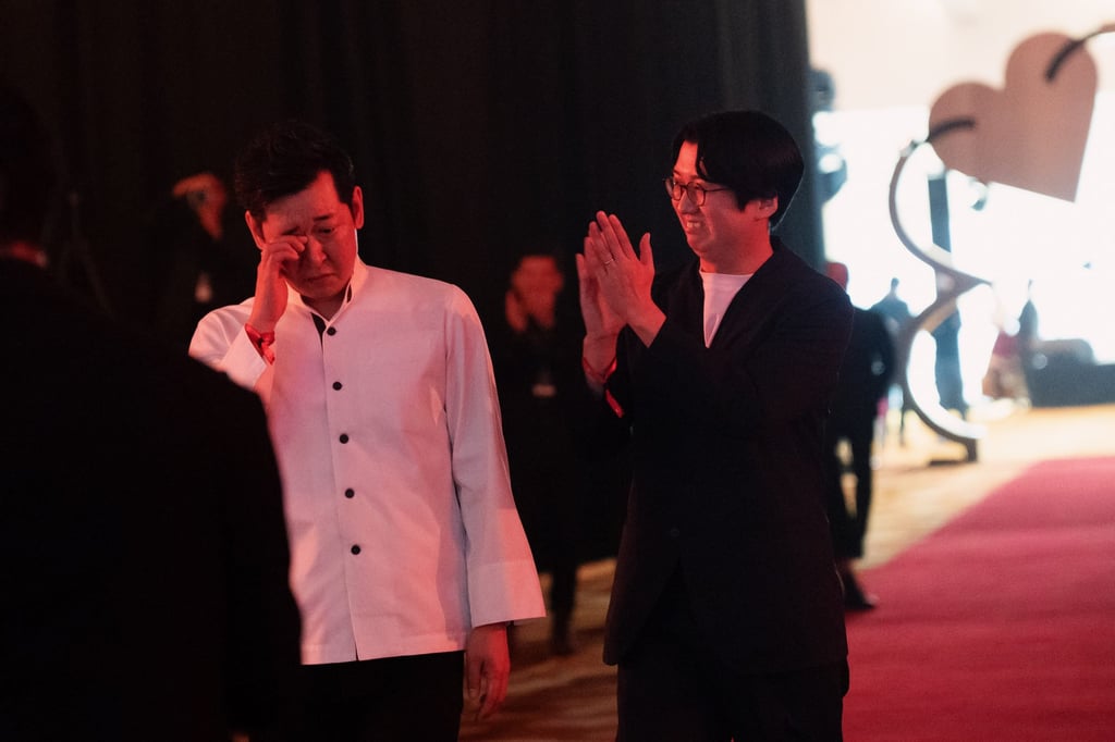 Sakuta cries tears of joy at the news that Sushi Sakuta has been promoted to two Michelin stars, at the Michelin Guide Ceremony Singapore 2025 at Marina Bay Sands on July 24, 2025. Photo: Michelin Guide Singapore