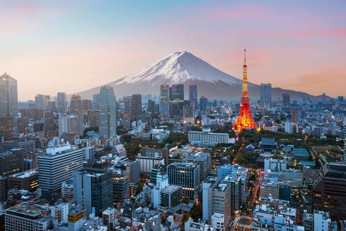 Tokyo skyline with Mount Fuji in the background and Tokyo Tower illuminated at dusk