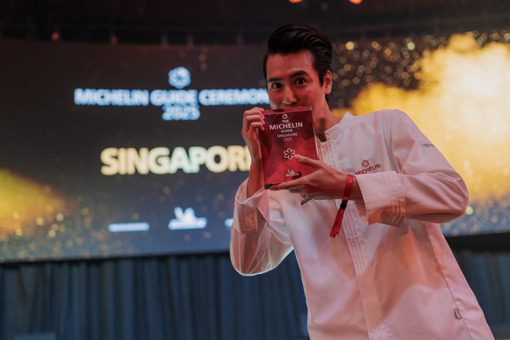 Chef Kazuki Arimoto from Omakase @ Stevens celebrates two wins: his restaurant’s newly awarded one Michelin star, and his Young Chef Award. Photo: Michelin Guide Singapore