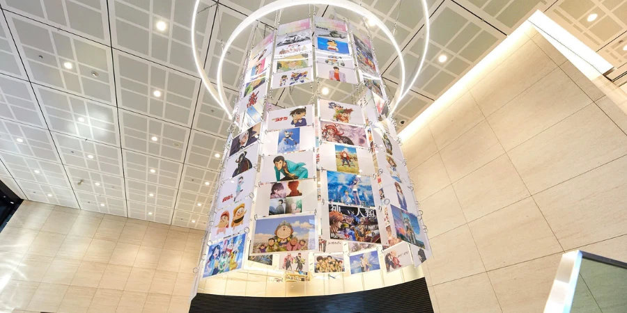 A floating pillar featuring popular anime in Anime Tokyo Station, Ikebukuro