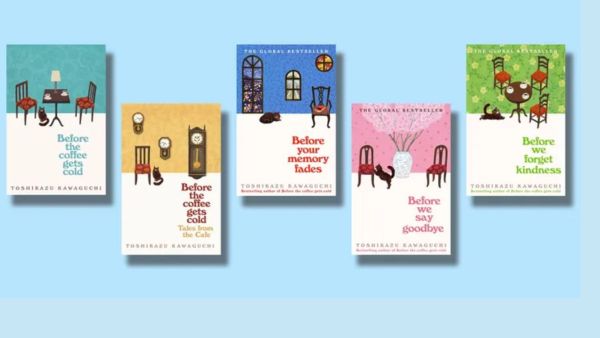 The cover of all five books in Japanese author Toshikazu Kawaguchi’s Before the Coffee Gets Cold series 