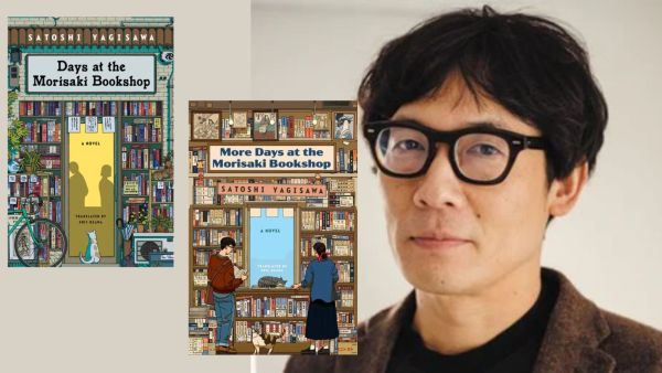 A photograph of Japanese author Satoshi Yagisawa with the cover of his bestselling books: Days at the Morisaki Bookshop and More Days at the Morisaki Bookshop