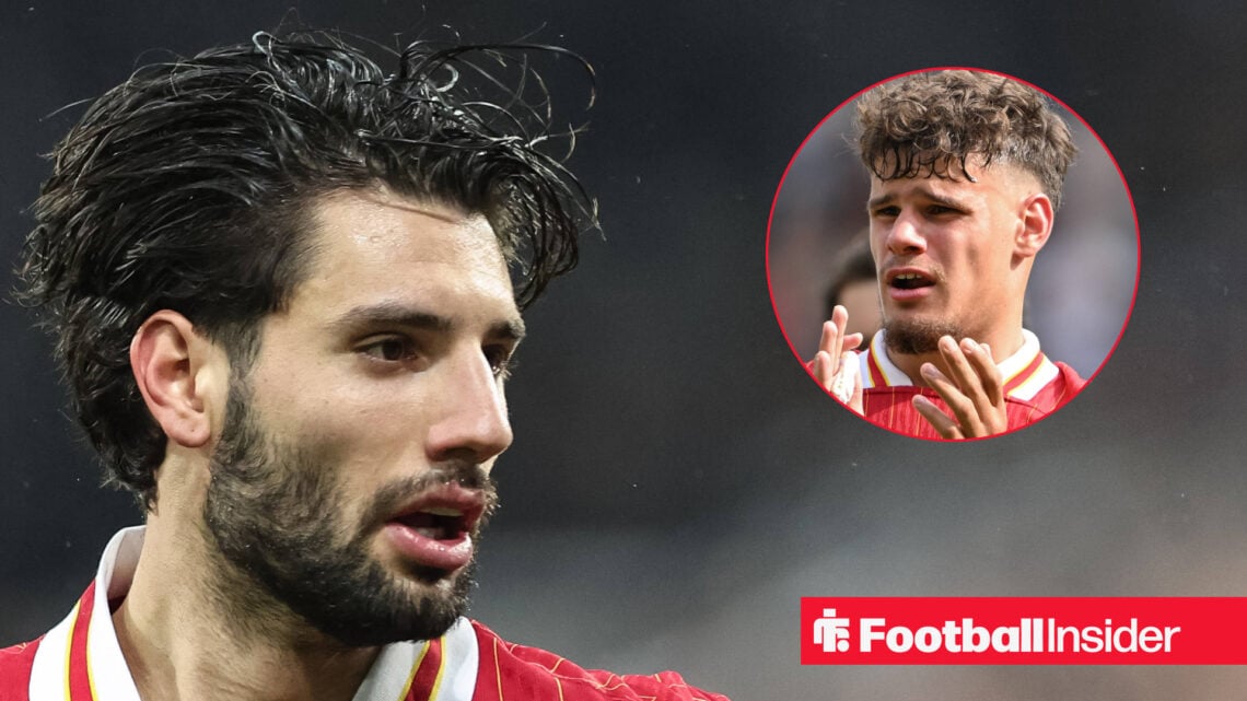 Dominik Szoboszlai in a Liverpool home shirt alongside a head shot of team mate Milos Kerkez.