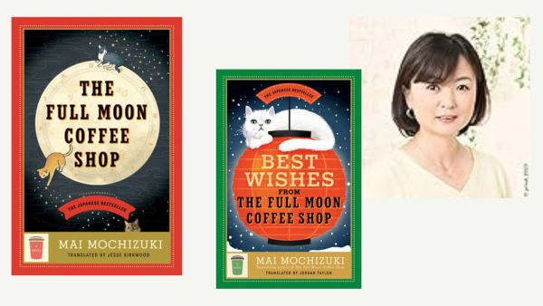 Mai Mochizuki with the cover of her books The Full Moon Coffee Shop and Best Wishes from the Full Moon Coffee Shop. 