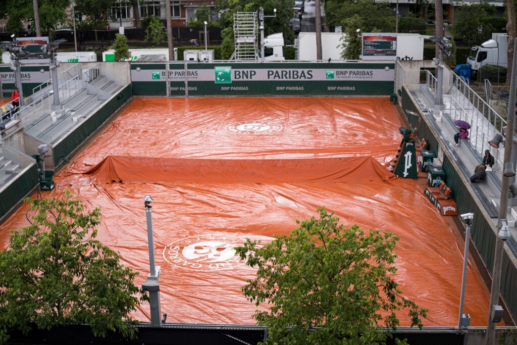 Rain falls on Court Five at the 2025 French Open