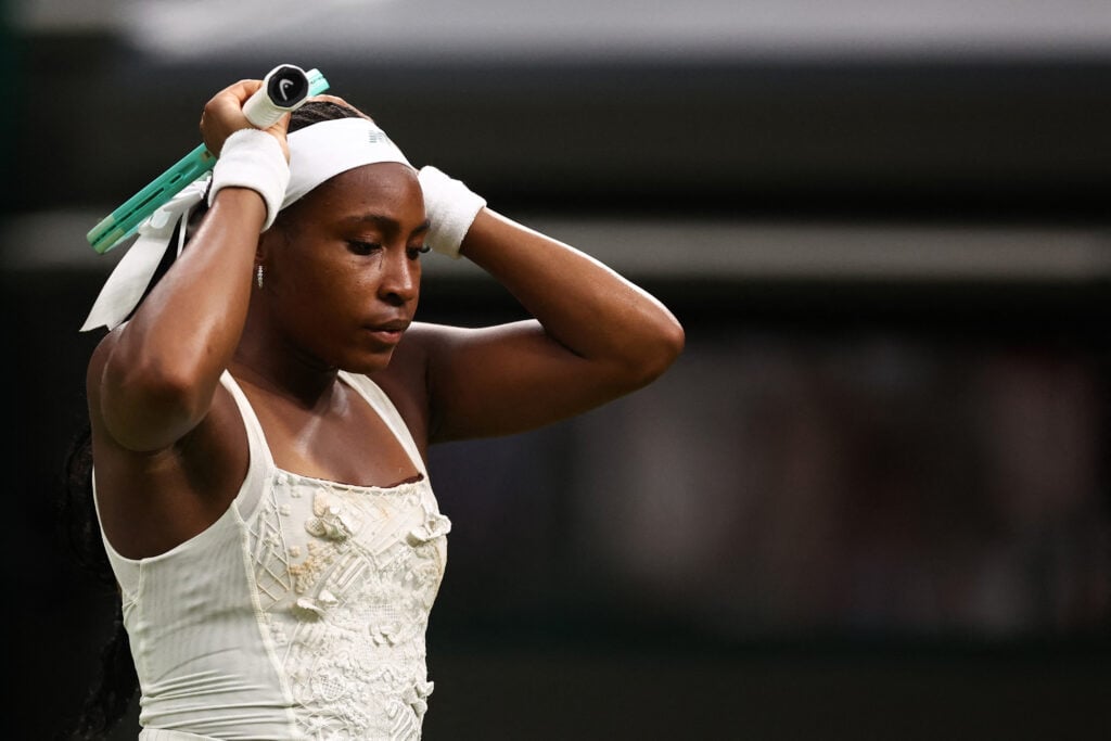 Coco Gauff reacts during her defeat to Dayana Yastremska at Wimbledon in 2025.