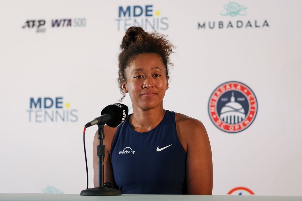 Naomi Osaka speaks to the media after losing at the Mubadala Citi DC Open 2025