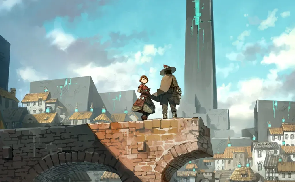 Two characters standing on a brick bridge looking over a city