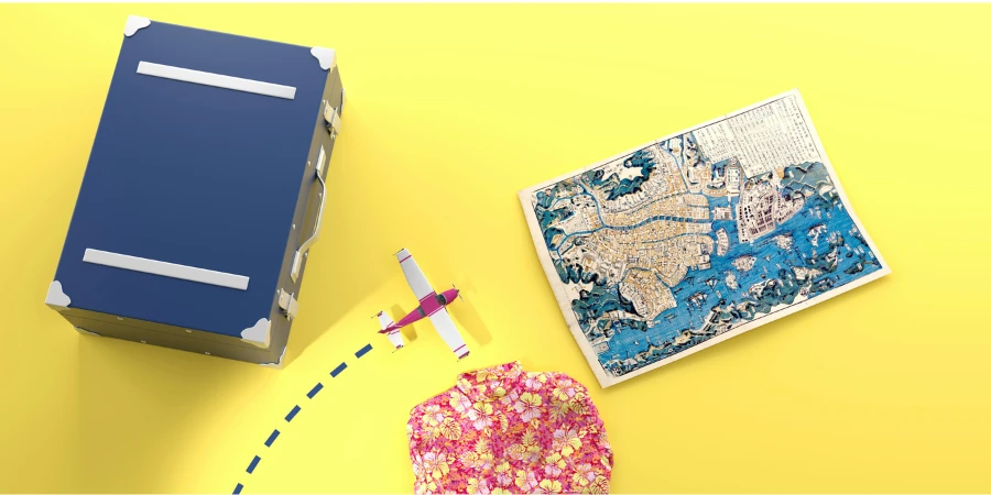 Japan Trip Preparation: Suitcase, Map of Edo Tokyo, hawaiin shirt