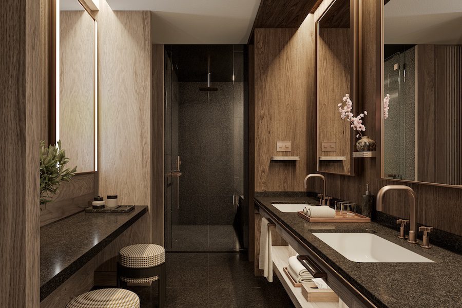 Patina Osaka wooden brown bathroom double sink standing shower