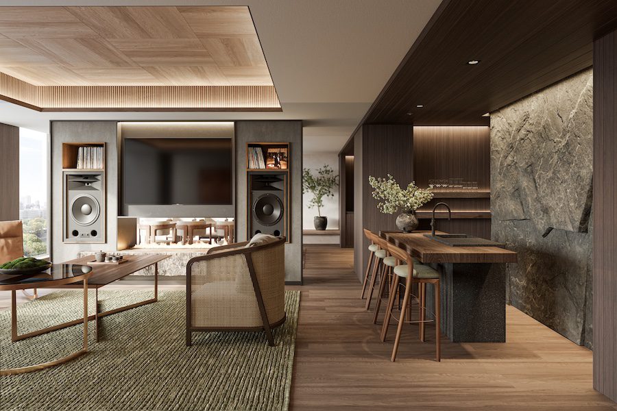 Patina Osaka guestroom presidential neutral brown wood palette kitchen island rock wall sound stereo system