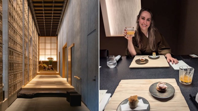 The entrance to an onsen at a swanky Tokyo hotel, and writer Mel Evans in a robe at dinner