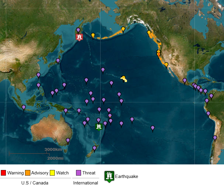 Map showing areas under warnings, watch and threat notices
