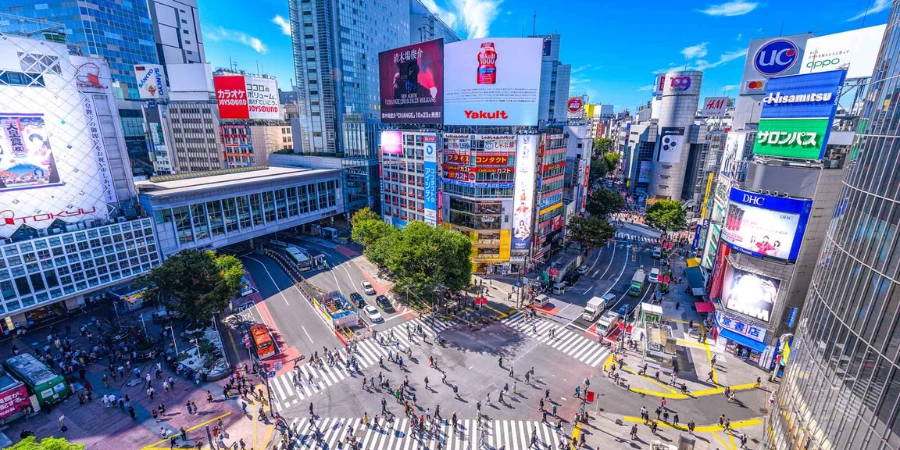 Drone view Shibuya Scramble during the Day