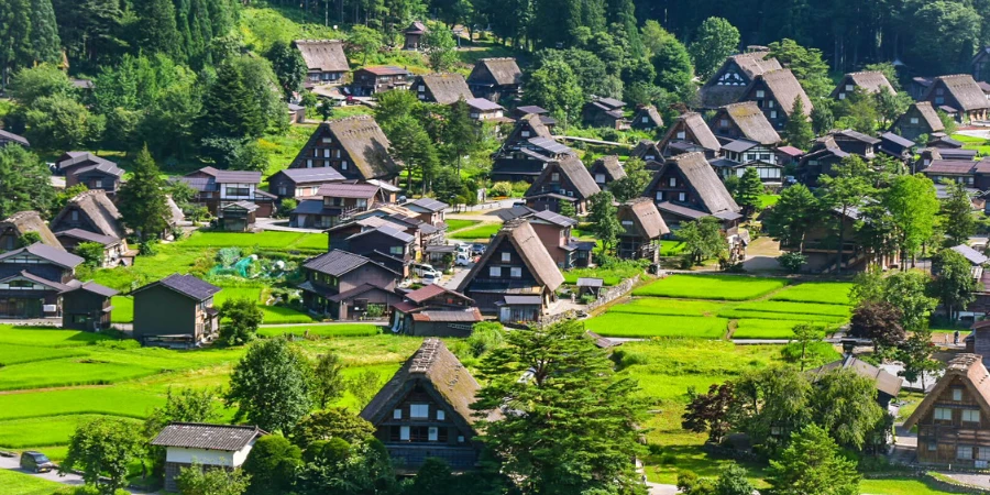 Sunny landscape of shirakawa-go in the summertime